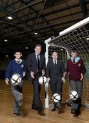 24 September 2010; The FAI are delighted to announce Gormanston College as the official host venue for the Schools futsal competition this year. The events will cater for boys and girls in Primary and Post Primary education with over 10,000 participants expected to take part this year. The Primary Schools competition will cater for 3rd and 4th class students nationwide while the Post Primary Schools competition will be open to First Year students. Gormanston College will play host to the Meath Primary Schools Finals from 2-5 November while the All Ireland Post Primary Schools Finals will be held on the 7 December in the impressive venue. For more information on the competitions please contact the FAI’s National Development Officer for Schools, Ian Carry on 086 0437686. Pictured at the launch is Packie Bonner, FAI Technical Director, and Dermot Lavin, Principal of Gormanston College, with pupils Liam Kiribathgoda, age 17, from Drogheda, left, and Scott Shier, age 14, from Garristown. Gormanston College, Co. Meath. Picture credit: Brian Lawless / SPORTSFILE