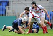 25 September 2010; Akhlaque Khan, Leinster, goes over to score his side's second try despite the efforts of Niall Patterson, Ulster. U18 Clubs Interprovincial, Leinster v Ulster, Donnybrook Stadium, Dublin. Picture credit: Matt Browne / SPORTSFILE