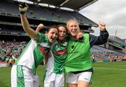 26 September 2010; Limerick players, from left, Yvette Moynihan, Dympna O'Brien and Ella O'Shaughnessy celebrate after the final whistle. TG4 All-Ireland Junior Ladies Football Championship Final, Louth v Limerick, Croke Park, Dublin. Picture credit: Brendan Moran / SPORTSFILE