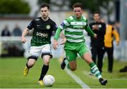 29 July 2016; Karl Moore of Bray Wanderers in action against Dean Clarke of Shamrock Rovers during the SSE Airtricity League Premier Division match between Bray Wanderers and Shamrock Rovers at the Carlisle Grounds in Bray, Co Wicklow. Photo by Seb Daly/Sportsfile