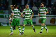 29 July 2016; Gary McCabe, centre, of Shamrock Rovers is congratulated by team-mates Patrick Cregg, left, and Brandon Miele after scoring his side's goal during the SSE Airtricity League Premier Division match between Bray Wanderers and Shamrock Rovers at the Carlisle Grounds in Bray, Co Wicklow. Photo by Seb Daly/Sportsfile
