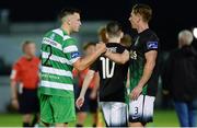 29 July 2016; John Sullivan, right, of Bray Wanderers shakes hands with Hugh Douglas of Shamrock Rovers following the SSE Airtricity League Premier Division match between Bray Wanderers and Shamrock Rovers at the Carlisle Grounds in Bray, Co Wicklow. Photo by Seb Daly/Sportsfile