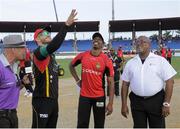 29 July 2016;  Faf du Plessis (2L) of St Kitts and Nevis Patriots toss the coin as Dwayne Bravo (2R) of Trinbago Knight Riders and match referee Hayden Bruce (R) looks on at the start of Match 26 of the Hero Caribbean Premier League match between St Kitts and Nevis Patriots and Trinbago Knight Riders at Central Broward Stadium in Lauderhill, Florida, United States of America. Photo by Randy Brooks/Sportsfile