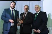 29 July 2016; Pat Henebry, is presented with John Sherlock Services to Football Awards 2016 from Adrian Sherlock and FAI President Tony Fitzgerald at the FAI Media Awards at The Hotel Minella in Clonmel, Co Tipperary Photo by David Maher/Sportsfile
