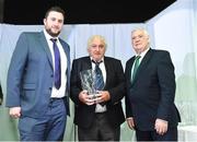 29 July 2016; Michael Halpin, is presented with John Sherlock Services to Football Awards 2016 from Adrian Sherlock and FAI President Tony Fitzgerald at the FAI Media Awards at The Hotel Minella in Clonmel, Co Tipperary Photo by David Maher/Sportsfile