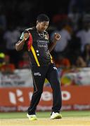 29 July 2016;  Krishmar Santokie of St Kitts and Nevis Patriots celebrates taking 3 wickets for 27 runs during Match 26 of the Hero Caribbean Premier League match between St Kitts and Nevis Patriots and Trinbago Knight Riders at Central Broward Stadium in Lauderhill, Florida, United States of America. Photo by Randy Brooks/Sportsfile