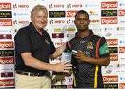 29 July 2016;  Evin Lewis (R) of St Kitts and Nevis Patriots receives the player of the match prize from Richard Bevan (L) Chairman of CPL Match 26 of the Hero Caribbean Premier League match between St Kitts and Nevis Patriots and Trinbago Knight Riders at Central Broward Stadium in Lauderhill, Florida, United States of America. Photo by Randy Brooks/Sportsfile