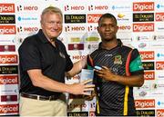 29 July 2016;  Evin Lewis (R) of St Kitts and Nevis Patriots receives the player of the match prize from Richard Bevan (L) Chairman of CPL Match 26 of the Hero Caribbean Premier League match between St Kitts and Nevis Patriots and Trinbago Knight Riders at Central Broward Stadium in Lauderhill, Florida, United States of America. Photo by Randy Brooks/Sportsfile