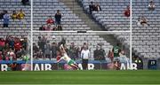 30 July 2016; Cillian O’Connor of Mayo shoots past Westmeath goalkeeper Darren Quinn to score a penalty in the 31st minute during the GAA Football All-Ireland Senior Championship Round 4B match between Westmeath and Mayo at Croke Park in Dublin. Photo by Ray McManus/Sportsfile