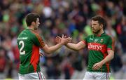 30 July 2016; Brendan Harrison, left, of Mayo celebrates with team-mate Chris Barrett after the GAA Football All-Ireland Senior Championship Round 4B match between Westmeath and Mayo at Croke Park in Dublin. Photo by Daire Brennan/Sportsfile