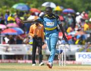 30 July 2016;  Delorn Johnson of St Lucia Zouks celebrates taking 3 wickets for 30 runs during Match 27 of the Hero Caribbean Premier League match between St Lucia Zouks and Jamaica Tallawahs at Central Broward Stadium in Lauderhill, Florida, United States of America. Photo by Randy Brooks/Sportsfile