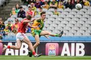 30 July 2016; Eoghan McGettigan of Donegal in action against Alan McCarthy of Cork during the Electric Ireland GAA Football All-Ireland Minor Championship Quarter-Final match between Donegal and Cork at Croke Park in Dublin. Photo by Oliver McVeigh/Sportsfile