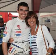 31 July 2016; Craig Breen Ireland with this mother Jackie, at the service park in Jyvaskyla, FIA Neste WRC Rally Finland in, Jyvaskyla Finland. Photo by Philip Fitzpatrick/Sportsfile