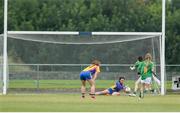 30 July 2016; Roscommon goalkeeper Courtney Mulhall saves a penalty from Marion Farrelly of Meath during the All Ireland Ladies Football Minor ‘B’ Championship Final 2016 match between Meath and Roscommon at St Loman's in Mullingar, Co Westmeath. Photo by Eóin Noonan/Sportsfile