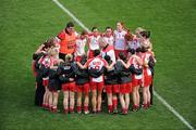 26 September 2010; Tyrone manager Colm Donnelly speaks to his players after the game. TG4 All-Ireland Senior Ladies Football Championship Final, Dublin v Tyrone, Croke Park, Dublin. Picture credit: Brendan Moran / SPORTSFILE