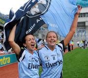 26 September 2010; Dublin players Amy McGuinness, right, and Louise Kidd celebrate after the TG4 All-Ireland Senior Ladies Football Championship Final match between Dublin and Tyrone at Croke Park, Dublin. Photo by Dáire Brennan/Sportsfile