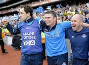 26 September 2010; Dublin manager Gerry McGill, centre, celebrates with trainer Martin Kennedy, left, and selector Tommy Brown, after the game. TG4 All-Ireland Senior Ladies Football Championship Final, Dublin v Tyrone, Croke Park, Dublin. Picture credit: Dáire Brennan / SPORTSFILE