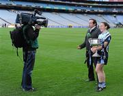 26 September 2010; Dublin captain Denise Masterson holds the Brendan Martin Cup as she awaits to do an RTƒ interview with Marty Morrissey. TG4 All-Ireland Senior Ladies Football Championship Final, Dublin v Tyrone, Croke Park, Dublin. Picture credit: Dáire Brennan / SPORTSFILE