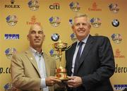 27 September 2010; Corey Pavin, Captain Team USA 2010 with Colin Montgomerie, Captain Team Europe 2010, at a press conference in Cardiff Airport ahead of the 39th annual Ryder Cup. Cardiff Airport, Wales. Picture credit: Matt Browne / SPORTSFILE