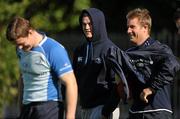 27 September 2010; Leinster out-half Jonathan Sexton arrives with team-mates Brian O'Driscoll, left, and Luke Fitzgerald, for squad training ahead of their Celtic League match against Munster on Saturday. Leinster Rugby Squad Training, UCD, Belfield, Dublin. Picture credit: Brendan Moran / SPORTSFILE