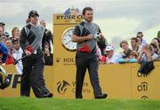 28 September 2010; Rory Mcllroy and Graeme McDowell on the 17 tee box. 2010 Ryder Cup - Practice Day, The Celtic Manor Resort, City of Newport, Wales. Picture credit: Matt Browne / SPORTSFILE