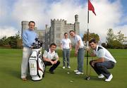 29 September 2010; Golfing sensations, the Maguire twins, Leona, left, and Lisa, are pictured with IRUPA members and Irish rugby stars Rob Kearney and Eoin Reddan and Killeen Castle General Manager Barry O'Connor, left, at the 18th hole of the Jack Nicklaus Signature Course at Killeen Castle. The sports stars lined-out to launch the club’s junior membership programme for under 30 and under 18 year olds. Visit www.killeencastle.com for more details. In exactly one year’s time Killeen Castle will host the 2011 Solheim Cup as Europe’s top female golfers take on the US.  Killeen Castle, Dunsany, Co. Meath. Picture credit: David Maher / SPORTSFILE