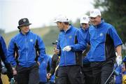 29 September 2010; Team Europe players, from left to right, Lee Westwood, Padraig Harrington, Ross Fisher and Peter Hanson on the 6th. 2010 Ryder Cup - Practice Day, The Celtic Manor Resort, City of Newport, Wales. Picture credit: Matt Browne / SPORTSFILE