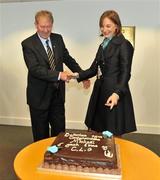 19 September 2010; RTE Gaelic Games Commentator Michéal O Muircheartaigh is shown a cake to mark his contribution to Gaelic Games by Lisa Clancy, Director of Communications of the GAA, before commentating on his last All-Ireland Senior Championship Final after a career lasting 62 years. His first broadcast was the Railway Cup Final on St Patrick's Day 1949. GAA Football All-Ireland Senior Championship Final, Down v Cork, Croke Park, Dublin. Picture credit: Brendan Moran / SPORTSFILE