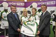 30 September 2010; At the launch of the Irish International Rules team jersey, from left to right, Pól Ó Gallchóir, TG4 Ceannasai, TG4 presenters Máire Treasa Ní Dhubhghaill and Sinéad Ní Loideáin, and Liam Lenihan, Limerick County Board Chairman. Gleeson’s Sports Scene, Upper William St, Limerick. Picture credit: Diarmuid Greene / SPORTSFILE
