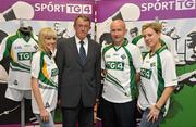 30 September 2010; At the launch of the Irish International Rules team jersey, from left to right, TG4 presenter Máire Treasa Ní Dhubhghaill, Liam Lenihan, Limerick County Board Chairman, Steve Gleeson of Gleeson's Sports Scene and TG4 presenter Sinéad Ní Loideáin. Gleeson’s Sports Scene, Upper William St, Limerick. Picture credit: Diarmuid Greene / SPORTSFILE