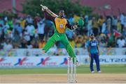 30 July 2016; Jason Mohammed of Guyana Amazon Warriors leaps in celebration as his 57 runs leads Guyana to victory during the Hero Caribbean Premier League (CPL) Match 28 between Barbados Tridents and  Guyana Amazon Warriors at Central Broward Stadium in Fort Lauderdale, Florida, USA. Photo by Ashley Allen/Sportsfile