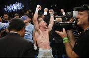 Jul 30 2016; Carl Frampton of Northern Ireland celebrates his victory over Leo Santa Cruz of Mexico after their WBA super world featherweight championship boxing match at the Barclays Center, Brooklyn, New York, USA. Photo by Noah K. Murray/Sportsfile