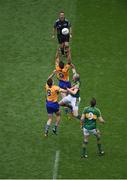 31 July 2016; Kieran Donaghy, left, and David Moran of Kerry compete for the throw-in against Gary Brennan, left, and Cathal O'Connor of Clare at the start of the GAA Football All-Ireland Senior Championship Quarter-Final match between Clare and Kerry at Croke Park in Dublin. Photo by Daire Brennan/Sportsfile