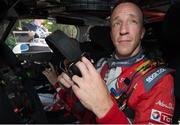 31 July 2016; Kris Meeke Northern Ireland in his car after finishing 1st overall in the FIA World Rally Championship Finland in Jyvaskyla, Finland. Photo by Philip Fitzpatrick/Sportsfile