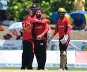 31 July 2016; Brendon McCullum (L) Kevon Cooper (2L) Anton Devcich (2R) and Denesh Ramdin (R) of Trinbago Knight Riders celebrate the dimissal of Kieran Powell of St Kitts and Nevis Patriots during Match 29 of the Hero Caribbean Premier League match between Trinbago Knight Riders and St Kitts and Nevis Patriots at Central Broward Stadium in Lauderhill, Florida, United States of America. Photo by Randy Brooks/Sportsfile.