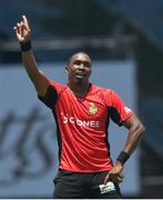 31 July 2016; Dwayne Bravo of Trinbago Knight Riders celebrates taking 4 wickets for 13 runs during Match 29 of the Hero Caribbean Premier League match between Trinbago Knight Riders and St Kitts and Nevis Patriots at Central Broward Stadium in Lauderhill, Florida, United States of America. Photo by Randy Brooks/Sportsfile.