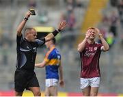 31 July 2016;  Adrian Varley of Galway reacts after he is shown a black card by referee Conor Lane  during the GAA Football All-Ireland Senior Championship Quarter-Final match between Galway and Tipperary at Croke Park in Dublin. Photo by Eóin Noonan/Sportsfile