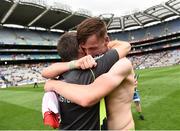 30 July 2016; Jason McGee of Donegal celebrates with manager Shaun Paul Barrett after the Electric Ireland GAA Football All-Ireland Minor Championship Quarter-Final match between Donegal and Cork at Croke Park in Dublin. Photo by Oliver McVeigh/Sportsfile
