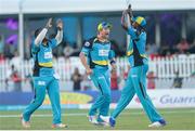 31 July 2016; Zouks players Gidron Pope (L) Shane Watson (C) and Delorn Johnson (R) celebrate the wicket of Kumar Sangakkara during Match 30 of the Hero Caribbean Premier League match between Jamaica Tallawahs v St Lucia Zouks at Central Broward Stadium in Lauderhill, Florida, United States of America. Photo Ashley Allen/Sportsfile