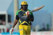 31 July 2016; Chris Gayle is dismissed during Match 30 of the Hero Caribbean Premier League match between Jamaica Tallawahs v St Lucia Zouks at Central Broward Stadium in Lauderhill, Florida, United States of America. Photo Ashley Allen/Sportsfile
