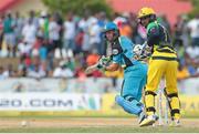 31 July 2016; Zouks batsman Michael Hussey (L) cuts the ball behind square as Kumar Sangakkara looks on during Match 30 of the Hero Caribbean Premier League match between Jamaica Tallawahs v St Lucia Zouks at Central Broward Stadium in Lauderhill, Florida, United States of America. Photo Ashley Allen/Sportsfile
