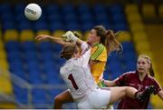1 August 2016; Niamh Hegarty of Donegal in action against goalkeeper Tina Hughes of Galway during the TG4 Ladies Football All-Ireland Senior Championship Qualifiers match between Galway and Donegal at Glennon Brothers Pearse Park in Longford. Photo by Seb Daly/Sportsfile