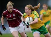 1 August 2016; Amber Barrett of Donegal in action against Sarah Gormally of Galway during the TG4 Ladies Football All-Ireland Senior Championship Qualifiers match between Galway and Donegal at Glennon Brothers Pearse Park in Longford. Photo by Seb Daly/Sportsfile
