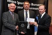 30 September 2010; Presenting Justin Fitzpatrick of Dungannon Rugby Club, Dungannon, Co. Tyrone, with his award at the 2010 Texaco Sportstars Bursaries Awards Presentation are Eddie Keher, left, and Enda Riney, right, Country Chairman of Chevron Ireland. Conrad Hotel, Earlsfort Terrace, Dublin. Picture credit: Barry Cregg / SPORTSFILE