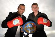 30 September 2010; European Super Bantamweight champion Kiko 'La Sensacion' Martinez, left, and Willie 'Big Bang' Casey during a Hunky Dory's Fight Night press conference ahead of their upcoming title bout at the University Arena, Limerick, on Saturday, November 6th. Hunky Dory's Fight Night Press Conference, Grand Canal Theatre, Dublin. Picture credit: Barry Cregg / SPORTSFILE