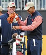 30 September 2010; Tiger Woods with Steve Stricker, Team USA, at the first tee box. 2010 Ryder Cup - Practice Day, The Celtic Manor Resort, City of Newport, Wales. Picture credit: Matt Browne / SPORTSFILE
