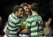 1 October 2010; Gary Twigg, centre, Shamrock Rovers, celebrates after scoring his side's first goal with team-mates Enda Stevens, left, and Thomas Stewart. Airtricity League Premier Division, UCD v Shamrock Rovers, Belfield Bowl, UCD, Belfield, Dublin. Picture credit: David Maher / SPORTSFILE