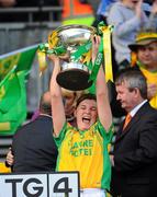26 September 2010; Ciara Hegarty, Donegal, lifts the Mary Quinn Memorial Cup TG4 All-Ireland Intermediate Ladies Football Championship Final, Donegal v Waterford, Croke Park, Dublin. Picture credit: Dáire Brennan / SPORTSFILE