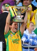 26 September 2010; Theresa McCafferty, Donegal, lifts the Mary Quinn Memorial Cup TG4 All-Ireland Intermediate Ladies Football Championship Final, Donegal v Waterford, Croke Park, Dublin. Picture credit: Dáire Brennan / SPORTSFILE