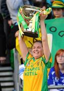 26 September 2010; Mari Herron, Donegal, lifts the Mary Quinn Memorial Cup TG4 All-Ireland Intermediate Ladies Football Championship Final, Donegal v Waterford, Croke Park, Dublin. Picture credit: Dáire Brennan / SPORTSFILE